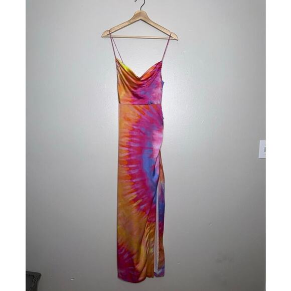Retrofete Marlene Tie-Dyed Stretch Silk Satin Maxi Dress Sunset Orange Size XS - Picture 3 of 10